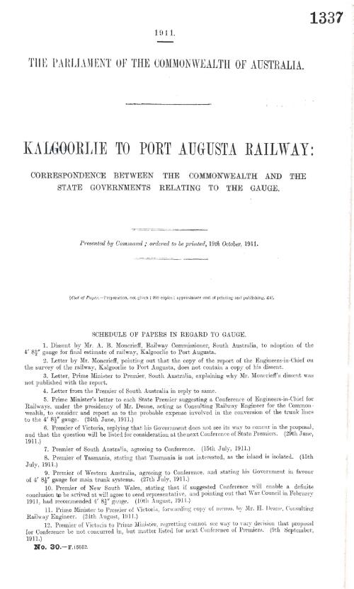 Kalgoorlie to Port Augusta railway : correspondence between the Commonwealth and State Governments relating to the gauge - October, 1911