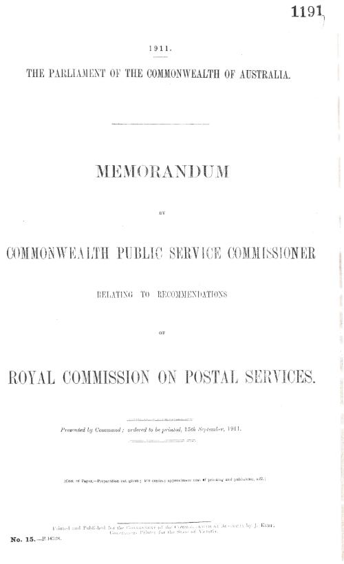 Memorandum by Commonwealth Public Service Commissioner relating to recommendations of Royal Commission on Postal Services