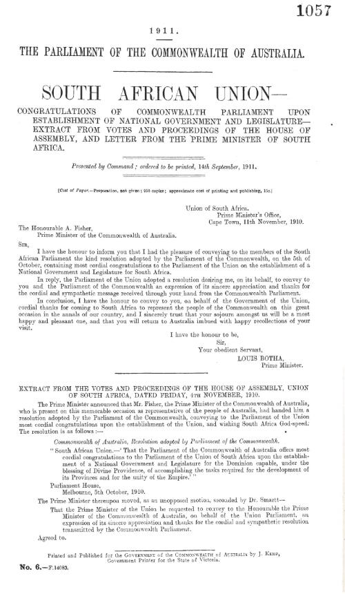 South African Union - congratulations of Commonwealth Parliament upon establishment of National Government and Legislature - extract from Votes and Proceedings of the House of Assembly, and letter from the Prime Minister of South Africa - 1911