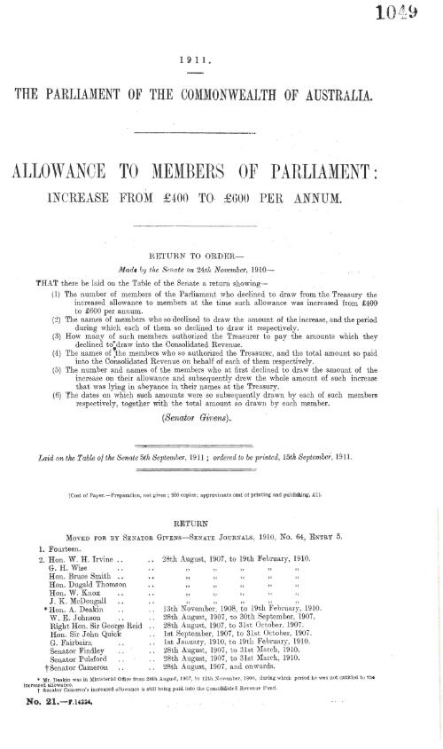 Allowance to members of Parliament - increase from £400 to £600 per annum - return to order - 1911