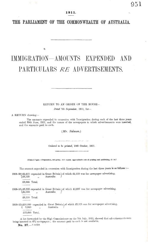 Immigration - amounts expended and particulars re advertisements - 1911
