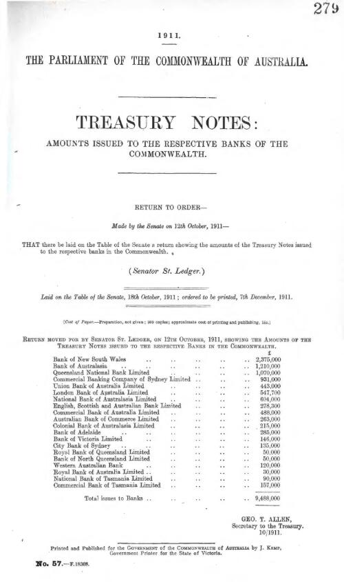 Treasury notes: amounts issued to the respective banks of the Commonwealth - 1911
