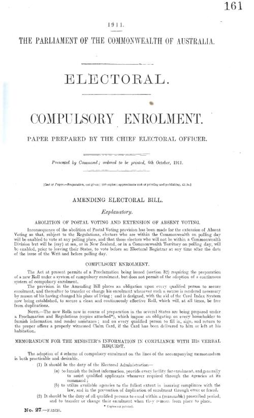 Electoral - compulsory enrolment - paper prepared by the Chief Electoral Officer - 1911
