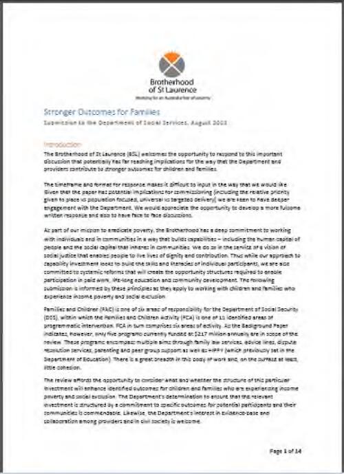 Stronger outcomes for families : submission to the Department of Social Services, August 2018 / Brotherhood of St. Laurence