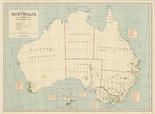 Map of Australia showing state forests, timber reserves and forest administration regions / compiled by Forestry and Timber Bureau from information supplied by state forest services ; drawn by the National Mapping Section, Department of the Interior, Canberra, A.C.T