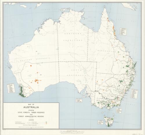 Map of Australia showing state forests, timber reserves and forest administrative regions / prepared by  Forestry and Timber Bureau from information supplied by state forest services