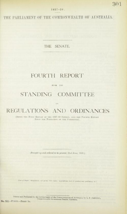 Fourth report from the Standing Committee on Regulations and Ordinances (being the first report of the 1937-38 Session, and the fourth report since the formation of the Committee