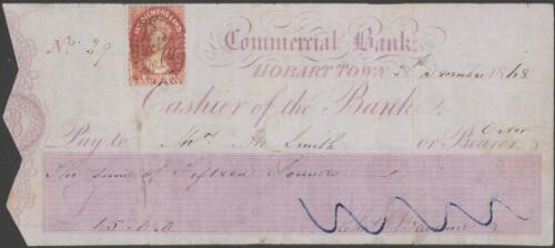Cheque for 15 pounds sterling, signed by Charles Baudinet in favour of Thomas W. Smith; Commercial Bank, Hobart Town, 28 December 1868 [manuscript]