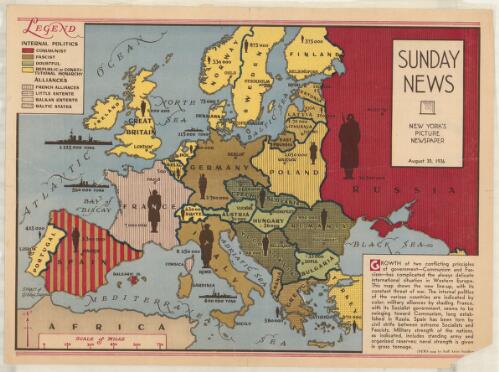 [Sunday News map of Europe] [cartographic material] : Sunday news, New York's picture newspaper, August 30, 1936 / (News map by Staff artist Sundberg)