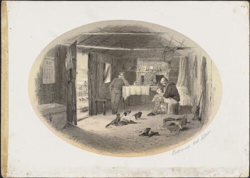 Interior view of stockman's hut, 1855 / S. T. Gill