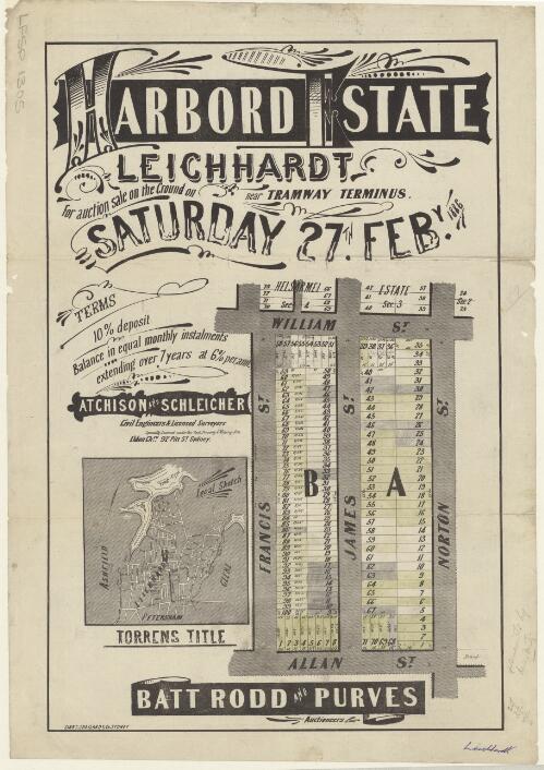 Harbord Estate, Leichhardt near tramway terminus [cartographic material] : for auction sale on the ground on Saturday 27th Feby. 1886 / Batt Rodd & Purves auctioneers