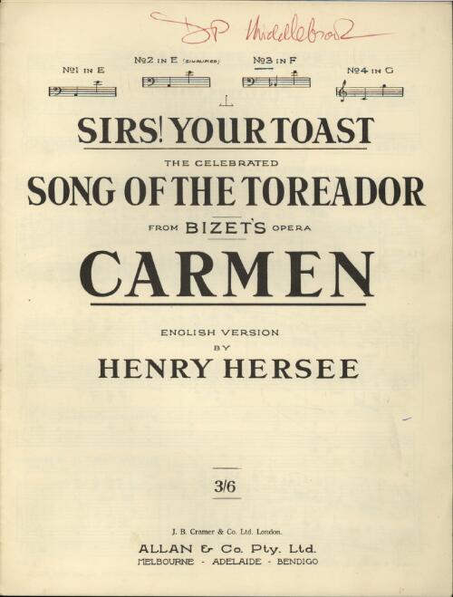 Sirs! your toast [music] : the celebrated Song of the toreador, from Bizet's opera Carmen / English version by Henry Hersee