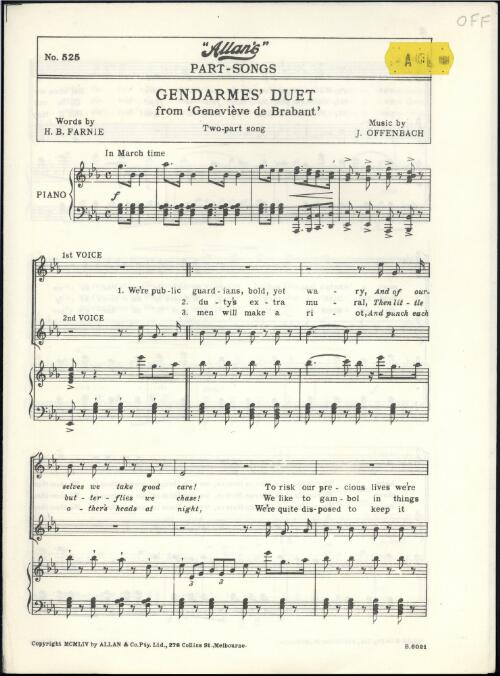 Gendarmes' duet from Genevieve de Brabant [music] : two-part song / music by J. Offenbach ; words by H.B. Farnie