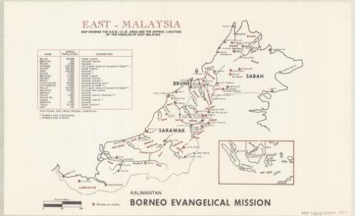 East-Malaysia : map showing the B.E.M-S.I.B. area and the approx. location of the peoples of east Malaysia / Borneo Evangelical Mission