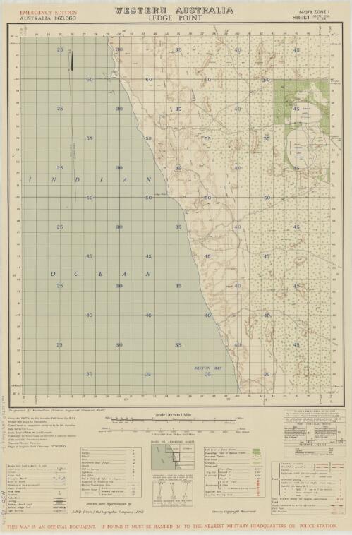 Ledge Point Western Australia / surveyed in 1942 by the 4th. Australian Field Survey Coy., R.A.E. by plane table and/or air photographs; surveyed and compiled by the Dept. of Lands and Survey, W.A. under the direction of the Aust. Army Survey Service ;  prepared by Australian Section Imperial General Staff ; drawn and reproduced by L.H.Q. (Aust.) Cartographic Company, 1943