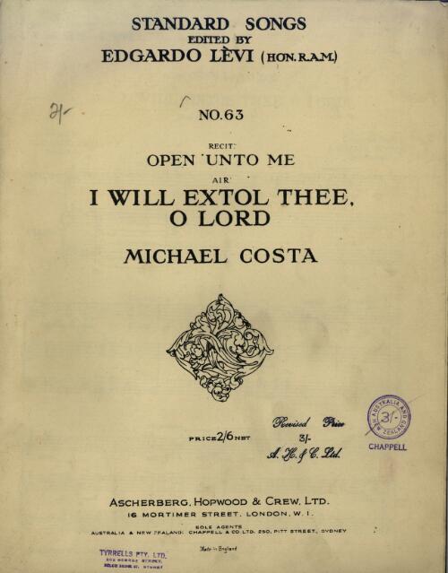 Open unto me [recit] [music] : I will extol Thee, O Lord! [aria] : from the oratorio, Eli / edited by Edgardo Levi ; composed by Michael Costa