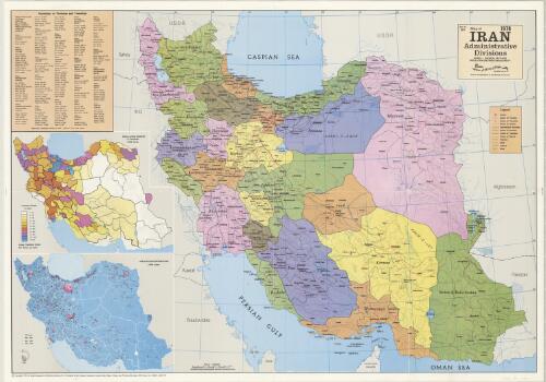 Map of Iran administrative divisions [cartographic material] : roads physical features, population distribution & density