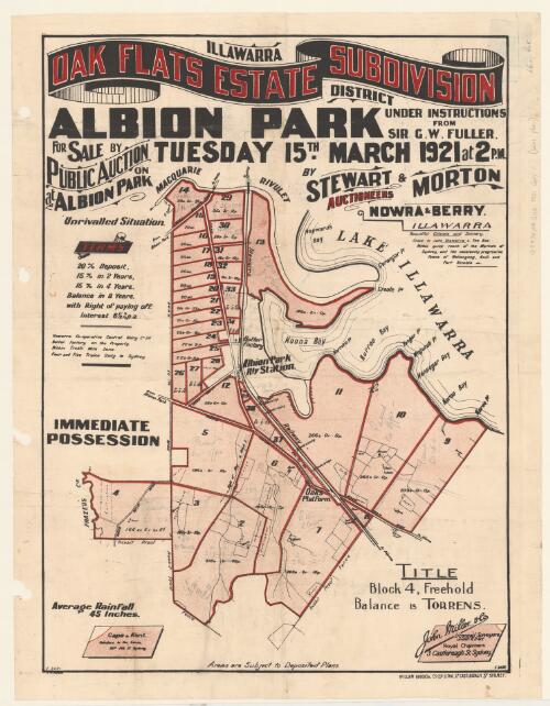 Oak Flats estate subdivision, Illawarra District, Albion Park [cartographic material] : under instructions from Sir G.W. Fuller for sale by public auction at Albion Park on Tuesday 15th March 1921 at 2 p.m. / by Stewart & Morton auctioneers Nowra & Berry Illawarra