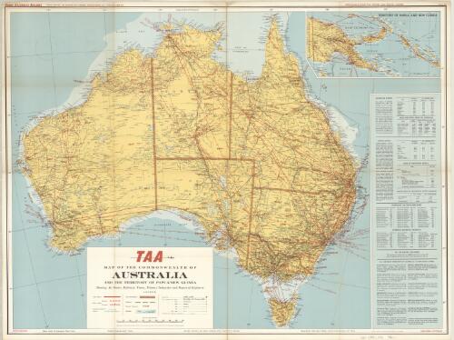 TAA map of the Commonwealth of Australia and the Territory of Papua New Guinea [cartographic material] : showing air routes, railways, towns, primary industries, and routes of explorers / compiled by the Operations Planning Section of Trans Australia Airlines with the co-operation of the Commonwealth Surveyor-General