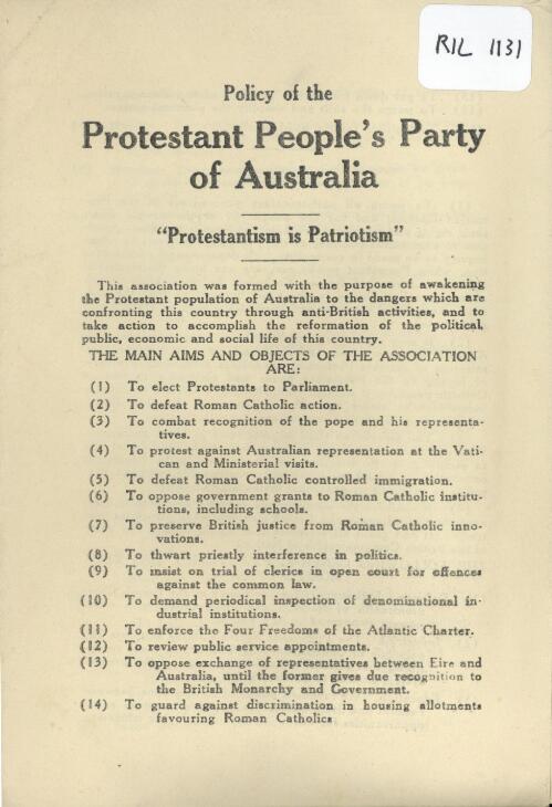 Policy of the Protestant People's Party of Australia : "protestantism is patriotism"