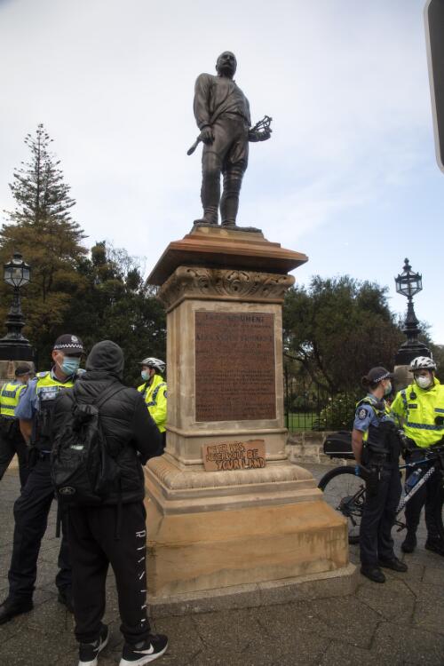 Police officers guarding the Alexander Forrest statue during the Black Lives Matter protest rally, Perth, Western Australia, 2020 / Philip Gostelow