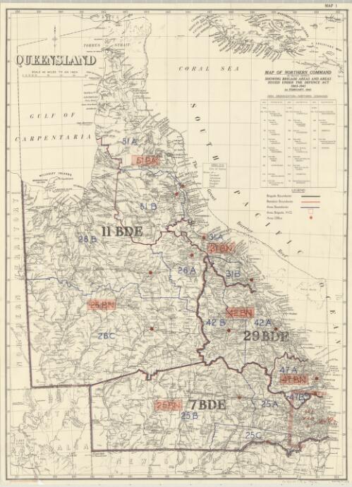 Map of Northern Command (1st Military District) showing brigade areas and areas issued under the Defence Act 1903-1941, 1st February 1942 [cartographic material] : [Queensland]