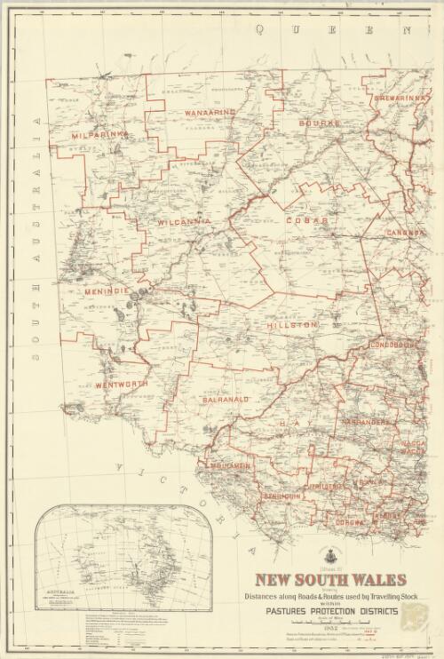 New South Wales shewing distances along roads & routes used by travelling stock within pastures protection districts [cartographic material] / drawn and printed at the Department of Lands, Sydney, N.S.W