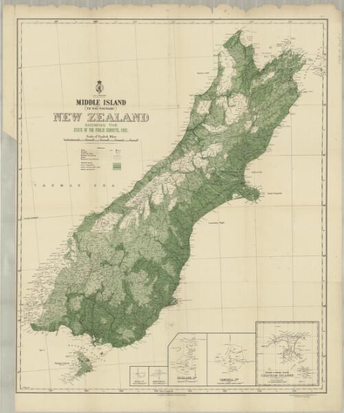 Middle Island (Te Wai-Pounamu), New Zealand [cartographic material] : showing the state of the public surveys, 1905 / Department of Lands and Survey ; G.P. Wilson, delt. ; F.W. Flanagan, chief draughtsman