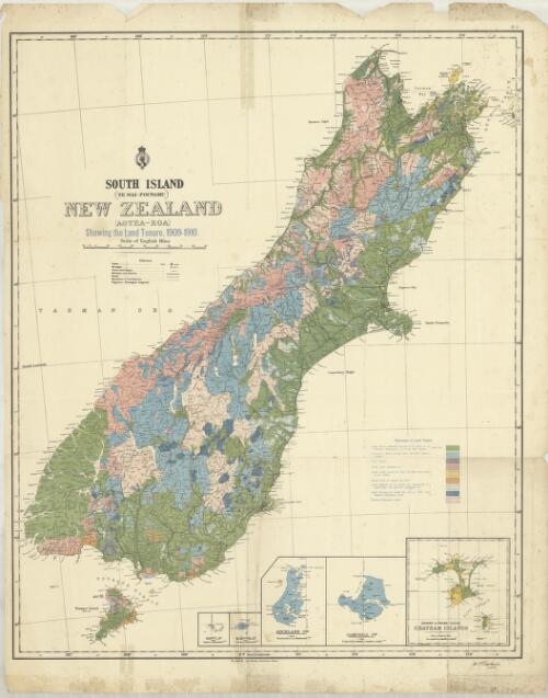 South Island (Te Wai-Pounamu) New Zealand (Aotea-Roa) : showing the land tenure, 1909-1910 / [Department of Lands and Survey]