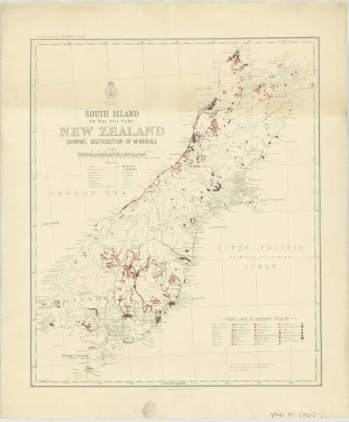 South Island (Te Wai Pounamu), New Zealand : showing distribution of minerals / map by Lands and Survey Department ; minerals compiled from Geological Survey records ; drawn by W.G. Harding ; by authority: W.A.G. Skinner Government Printer, Wellington