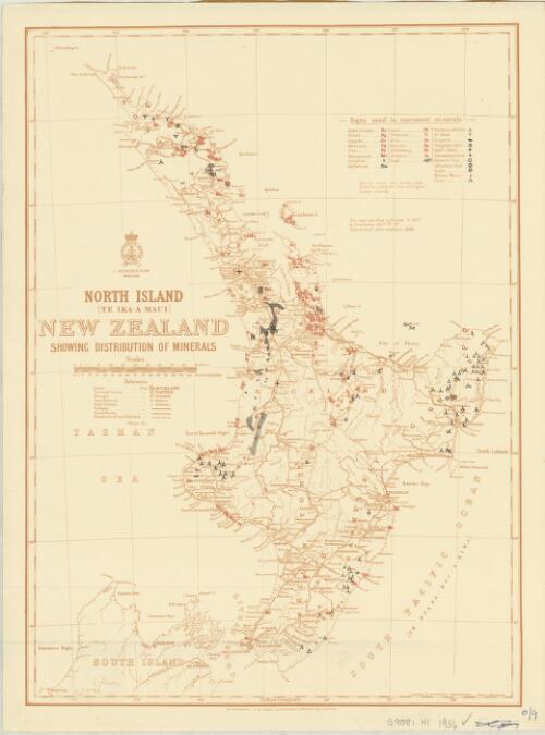 North Island (Te Ika-a-Maui) [cartographic material] : New Zealand : showing distribution of minerals / map drawn by Lands and Survey Dept. ; minerals compiled from Geological Survey records ; drawn by W.G. Harding