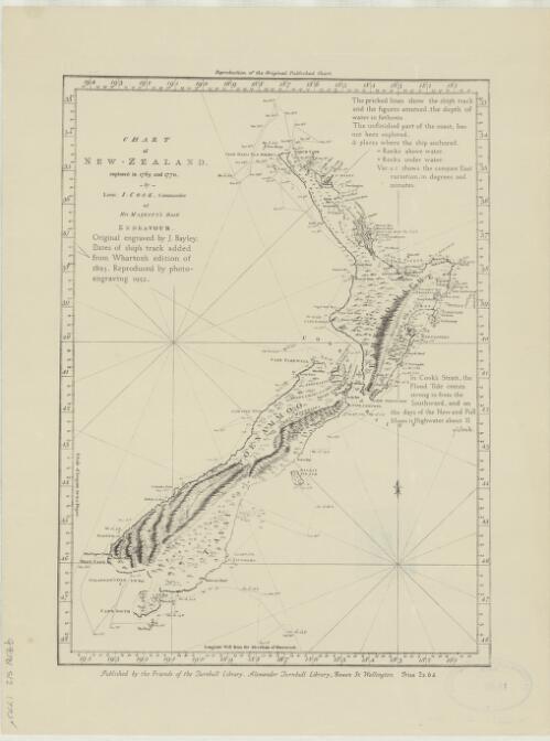 Chart of New Zealand explored in 1769 and 1770 by Lieut. I. Cook Commander of His Majesty's bark Endeavour [cartographic material]