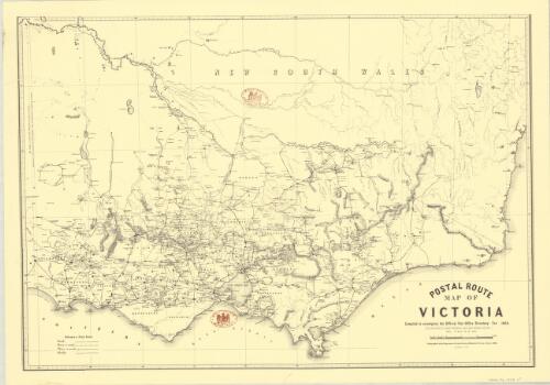 Postal route map of Victoria : compiled to accompany the Official Post Office directory for 1868, (by permission of Charles Whybrow Ligar Esqre., Surveyor General) / lithographed at the Department of Lands & Survey Melbourne, Victoria January 1868 by William Collis