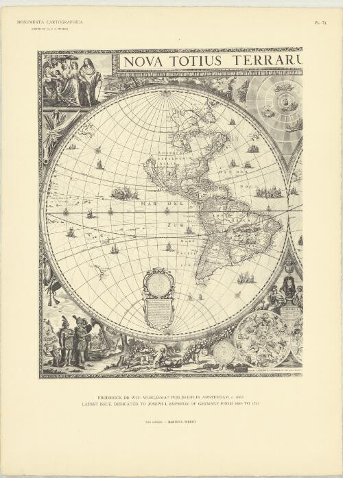 Nova Totius Terrarum Orbis Tabula [cartographic material] / Frederick de Wit: World-map published in Amsterdam, c. 1660. Latest issue, dedicated to Joseph 1, Emperor of Germany from 1690 to 1711