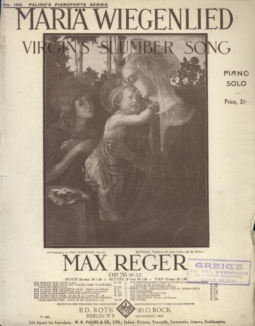 Maria Wiegenlied, op. 76, no. 52 [music] = Virgin's slumber song : piano solo / Max Reger