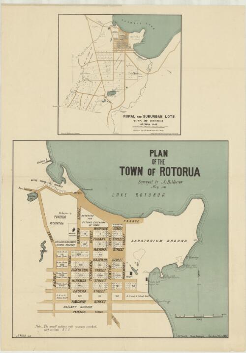 Plan of the town of Rotorua / surveyed by A.B. Morrow, May 1881 ; A. Wood, delt. ; S.P. Smith, Chief Surveyor, Auckland, Oct 1881