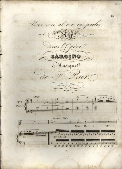 Una voce al cor mi parla [music] : air : dans l'opera Sargino / musique de F. Paer