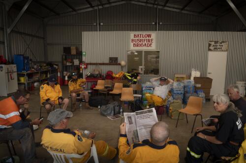 Members of the New South Wales Rural Fire Service (RFS) gathered at the Batlow Bushfire Brigade centre, Batlow, New South Wales, 10 January, 2020 / Matthew Abbott