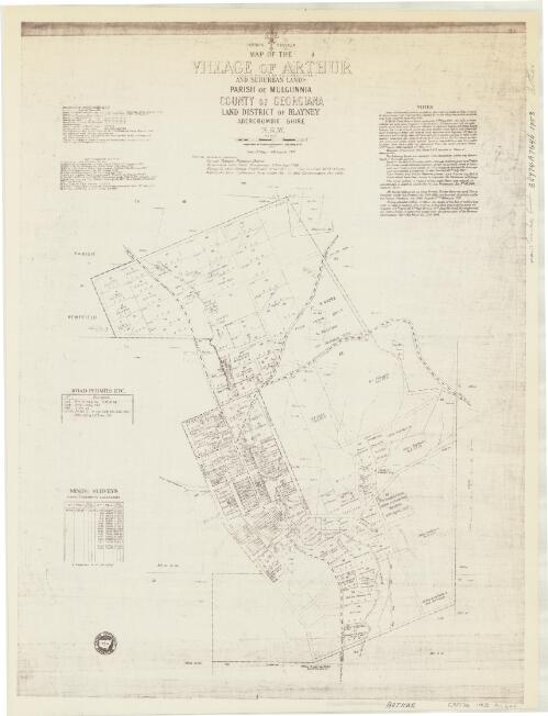 Map of the village of Arthur and suburban lands [cartographic material] : Parish of Mulgannia, County of Georgiana, Land District of Blayney, Abercrombie Shire, N.S.W