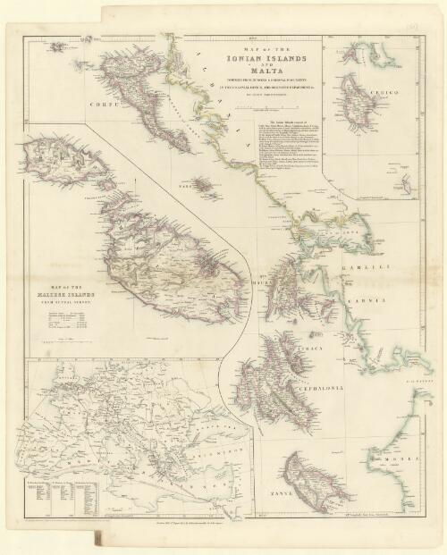 Map of the Ionian Islands and Malta [cartographic material] : compiled from surveys & original documents in the Colonial Office, the Ordnance department & c. / by John Arrownsmith