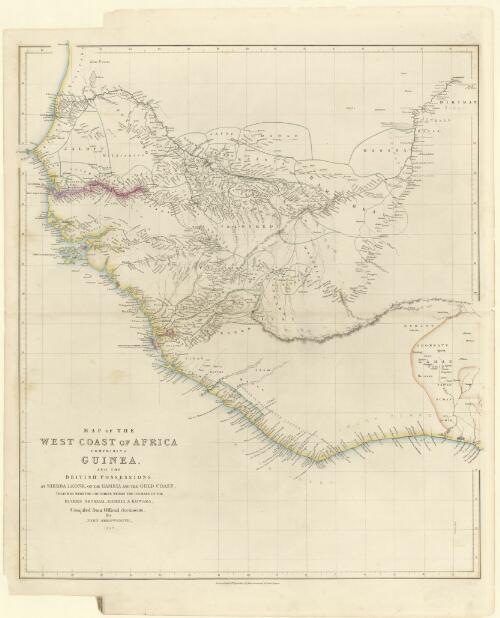 Map of the west coast of Africa comprising Guinea, and the British possessions at Sierra Leone, on the Gambia and the Gold Coast [cartographic material] : together with the countries within the courses of the rivers Senegal, Gambia & Kowara / compiled from official documents, by John Arrowsmith