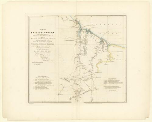 Map of British Guiana [cartographic material] : from the latest surveys of Schomburgk, Owen, Hilhouse, & others ; & those of Hancock, Van-Cooten, Bouchenroeder, & Bercheyck, where not refuted by the former shewing the parochial divisions as well as the present extent of cultivation of the staple productions ; & the tracts of such that have been abandoned within the last 30 years