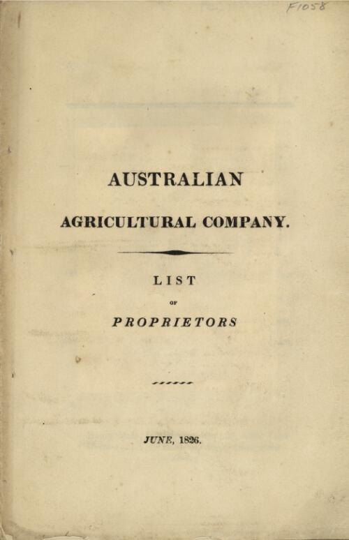 Australian Agricultural Company, list of proprietors June, 1826