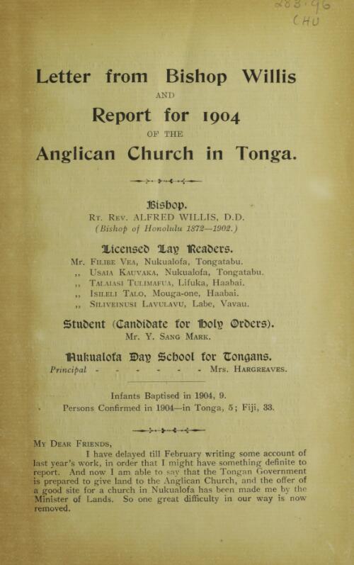 Letter from Bishop Willis and report for... of the Anglican Church in Tonga
