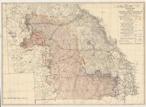 Queensland showing dingo-proof barrier established and to be established in pursuance of "The Barrier Fences Act of 1954" [cartographic material]