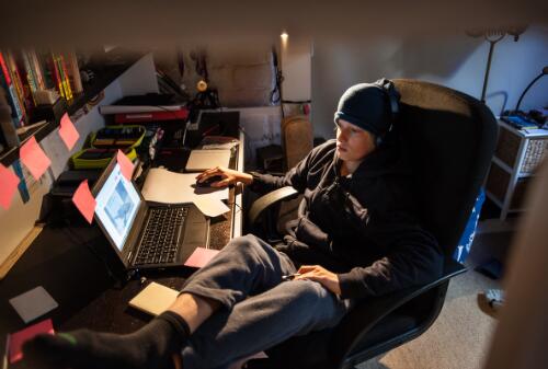 Teenager Manu Scheltema studying in his room during the COVID-19 pandemic, Trentham, Victoria, 1 June 2020 / Sandy Scheltema