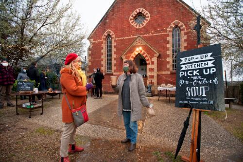 Pop-up kitchen offering soup during the COVID-19 pandemic and social distancing restrictions at the Daylesford Community Church, Daylesford, Victoria, 18 August 2020, 1 / Sandy Scheltema