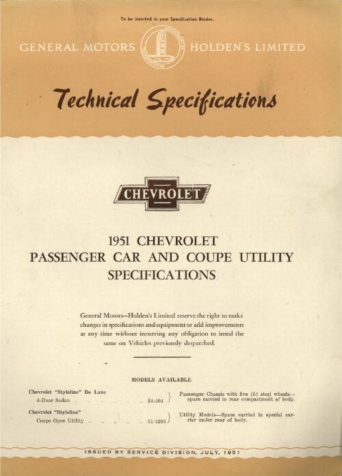 1951 Chevrolet passenger car and coupe utility specifications