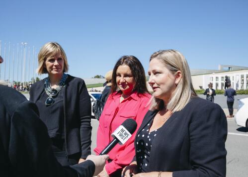 Zali Steggall, Jacqui Lambie and Rebekha Sharkie being interviewed outside Parliament House, at the Women's March4Justice rally, Canberra, 15 March 2021 / Claire Williams