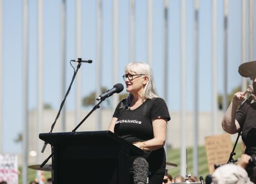 Event organiser Janine Hendry addressing crowds at the Women's March4Justice rally, Canberra, 15 March 2021 / Claire Williams